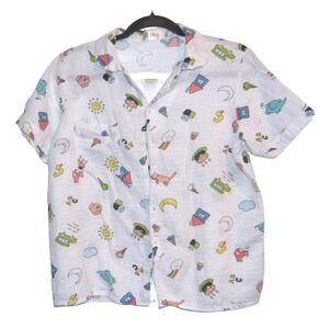 UNIQUE Clovie Cartoon Print Short Sleeve Muslin Shirt
